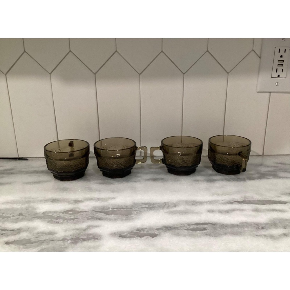 Vintage Anchor Hocking Brown Octagon Textured Cups Set of 4